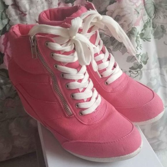 Neon Pink Hidden Wedge Heel Sneakers - Picture 1 of 2